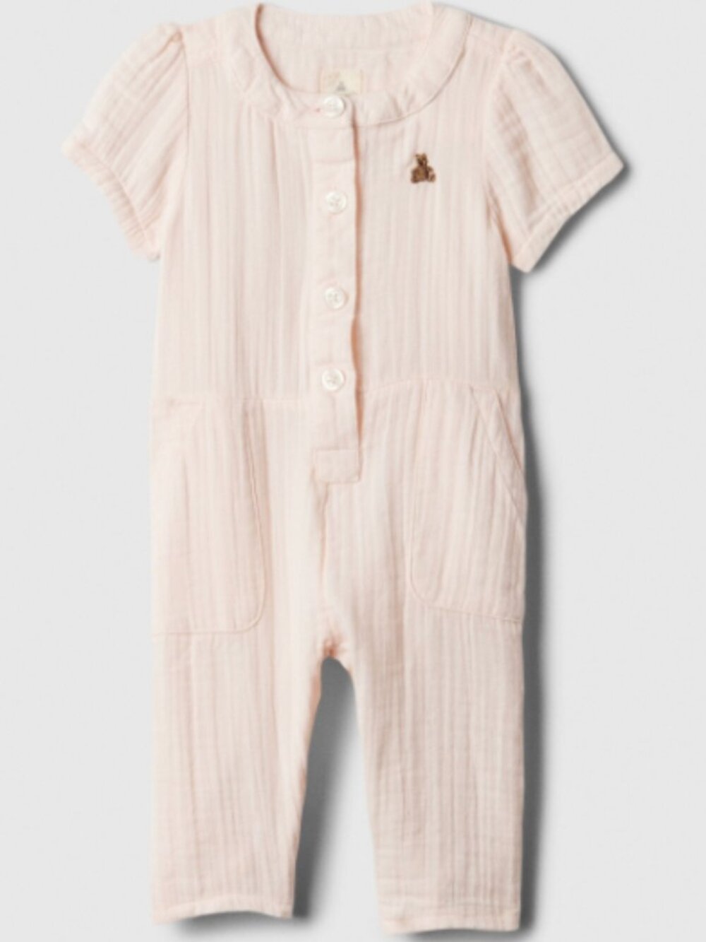 Gap Baby First Favorites Pink Crinkle Gauze Bear Pocket Baby Romper 6-12 Months